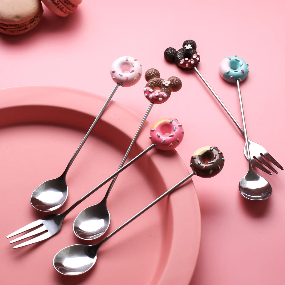 304 Stainless Steel Doughnut Spoon Fork Coffee Dessert Tea Ice Cream Spoons Forks Stirring Candy Cute Cartoon Teaspoon
