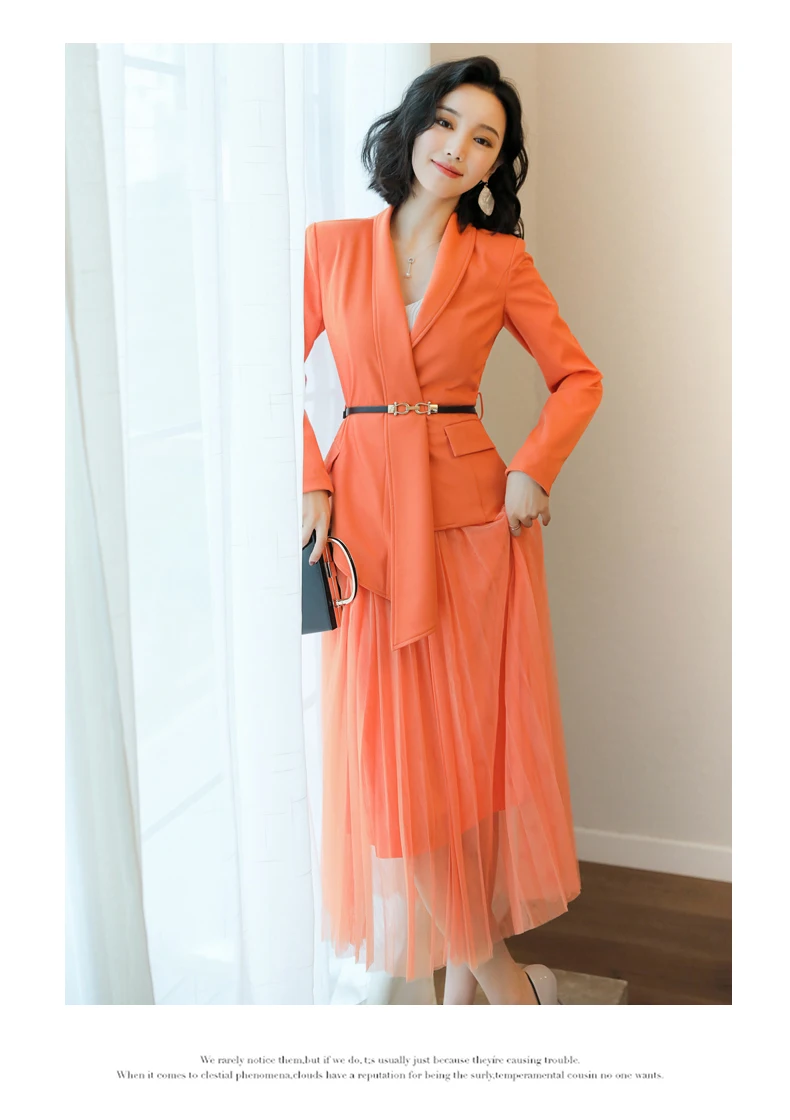 Весенний костюм женский модный профессиональный костюм иностранный Европейский станция Двухсекционный Блейзер юбка офисная одежда куртка оранжевый