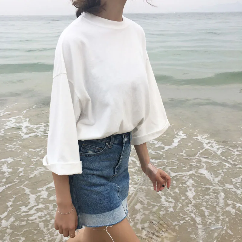 

Good quality pure cotton pullovers autumn summer half sleeve tops solid color casual plus size sweatshirt loose woman hoodies