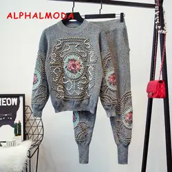 ALPHALMODA американская Европейская мода ансамбль Femme 2 шт. Pantalon тяжелая работа вышивка бисером качественный спортивный костюм для женщин