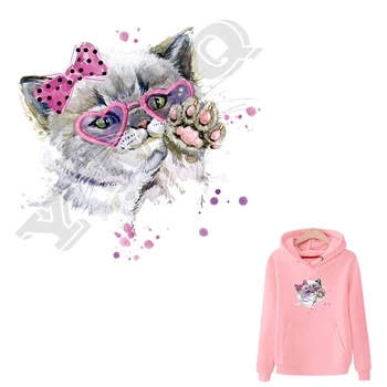 

Stickers For Clothes Cute Cats With Glasses Heat Transfer Badges New Design Diy Accessory Clothing Deco Washable Iron Patch