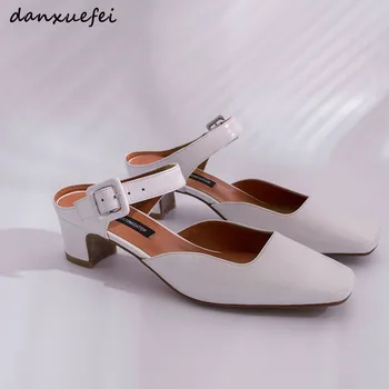 

3 Color women's real leather slingback high heel sandals square toe elegant ladies summer dress spumps metal buckle mules shoes