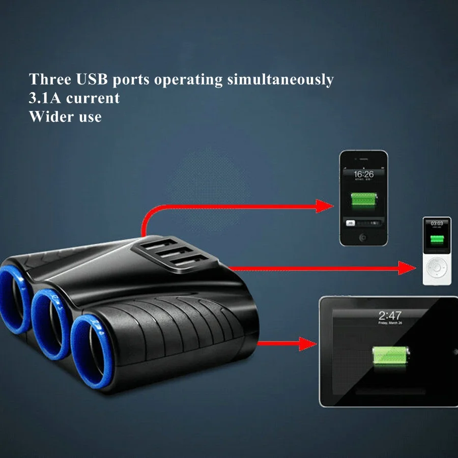 

Car charger 3 in 1 Cigarette Lighter Power Adapter Socket Splitter 3.1A 12V USB Car Charger for iPhone iPad Phone DVR GPS Kits