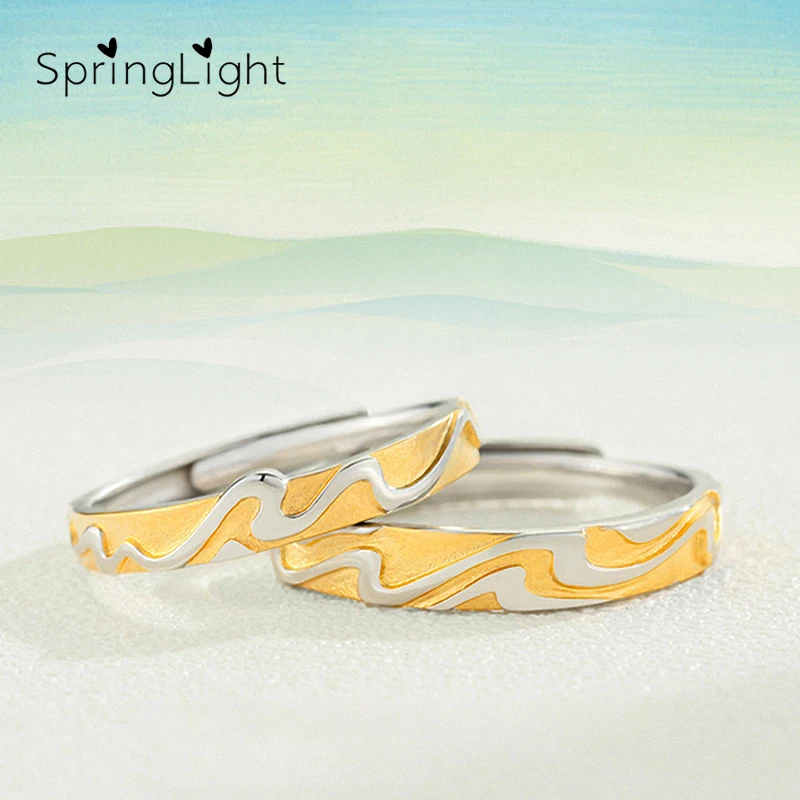 

SpringLight Yellow Ring Real 925 Sterling Silver Handmade Fine Jewelry 3D Wave Couple Ring for Women Wedding Lover Gift 2019 New
