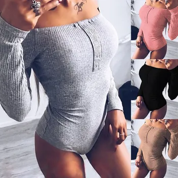 

Fashion Women Sexy Jumpsuit Solid Color Long Sleeve Autumn Winter Knitted Romper Off Shoulder Lady Bodycon Playsuit TY53