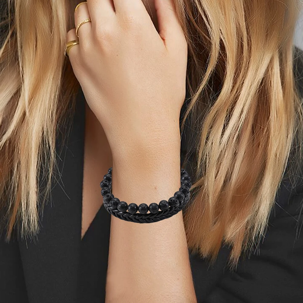 

HIYONG Lastest Lava Bracelet Magnet Bracelet Women Braided Leather Bracelet for Women 7.08 inch