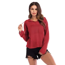 Новые повседневные сезон зима-весна. с капюшоном леди Однотонная рубашка свободные трикотажные хлопок пуловер из полиэстера узкие женские футболки