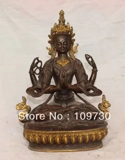 

00248 9" Chinese China Tibetan Buddhism Bronze Gilt 4 Arms Chenrezig Buddha Statue