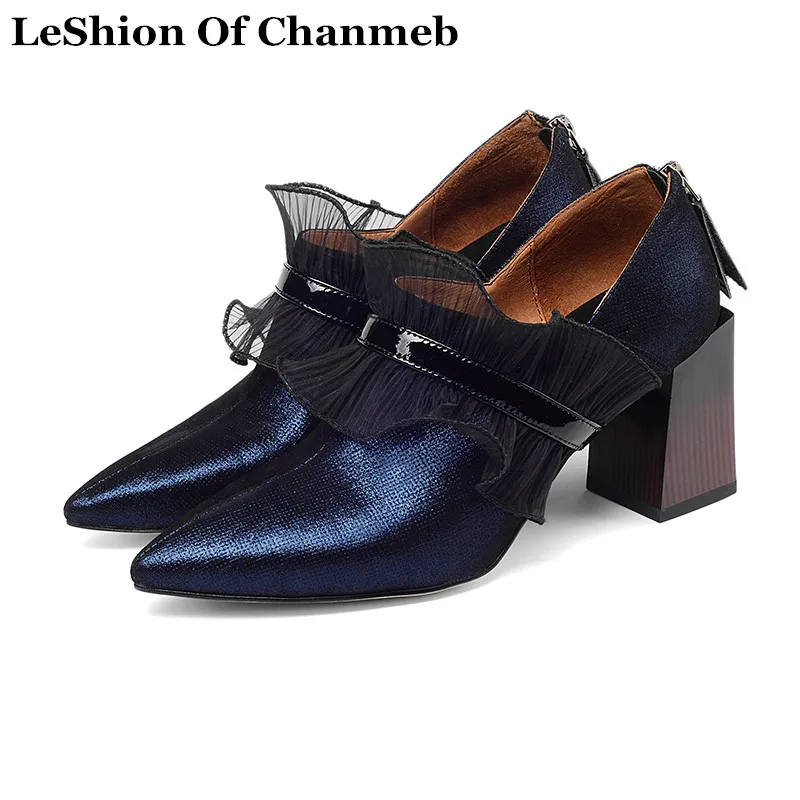 

Size 33-42 Women's Sheep Leather Ankle Boots Thick High Heels Pointed Toe Ruffle Shoes Woman Elegant Autumn Blue Short Boots New