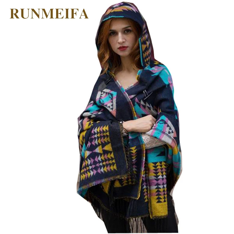 Goede RUNMEIFA Winter Warm Poncho Voor Vrouwen Retro Geometrische Cape Femme Noble Mantles Lady Coat Tippet 200*78 cm Plus size Gratis Verzending