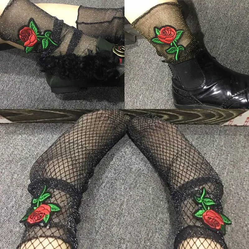 Women Vintage Crystal Sock Sheer Acrylic Thin Black Lace Mesh Ankle