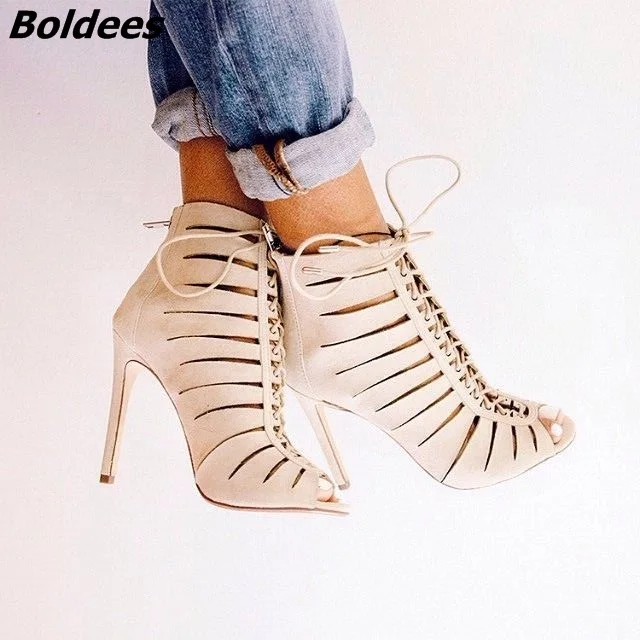 

Fashion Beige PU Leather Women Stiletto High Heels Unique Cut-out Peep Toe High Heels Women Lace Up Thin Heel Ankle Booties