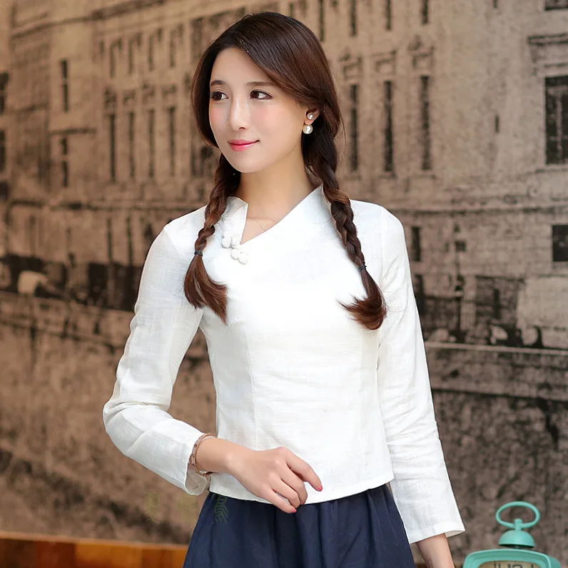Стильная однотонная традиционная китайская хлопковая льняная блузка для женщин летняя новая рубашка винтажные топы с воротником Cheong-sam Camisa Blusas