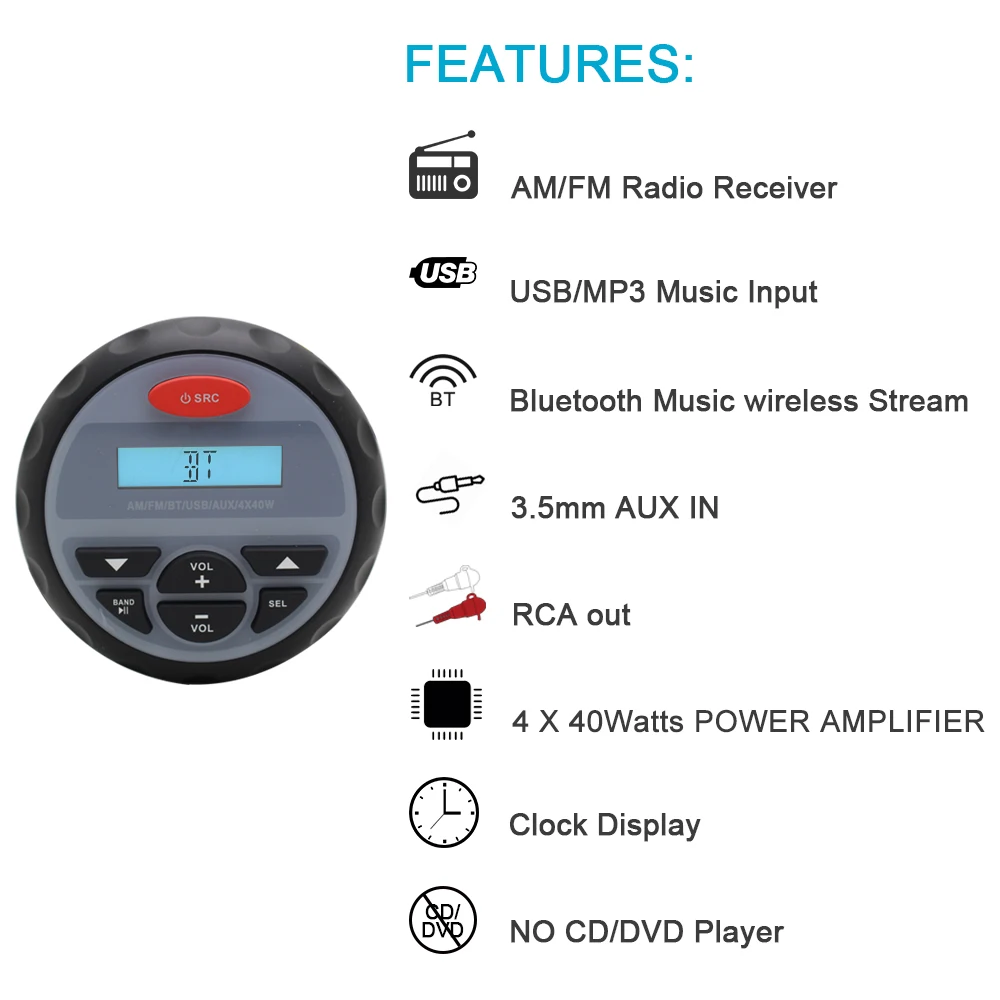Морской аудио автомобильный Bluetooth стерео радиоприемник для лодки мотоцикла UTV ATV