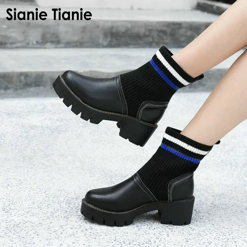 

Sianie Tianie 2018 new platform square chunky high heels woman shoes white black knitted stretch boots women ankle boots size 43