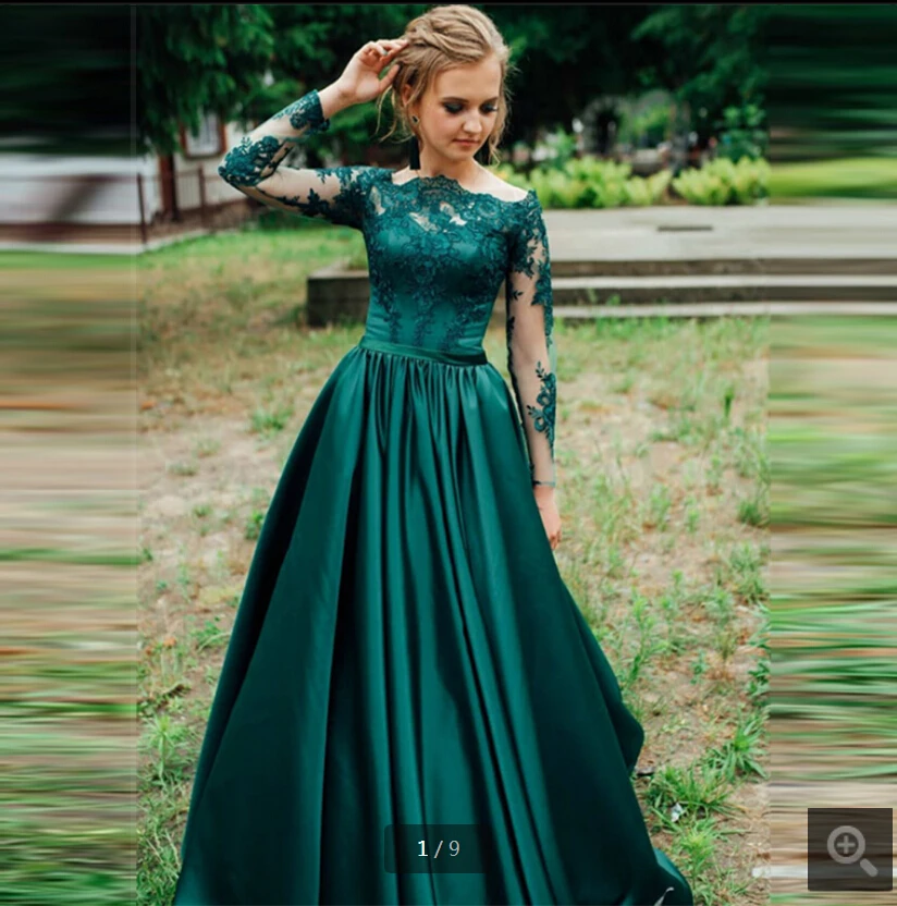 Free shipping green satin a line long sleeve modest evening dress lace  appliques with sashes formal prom party evening dresses|Evening Dresses| -  AliExpress