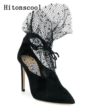 

Women Sexy Black Lace Lace-Up Ankle Wrap Women Short Boots Pointed Toes High Heel Design Moda Females Pump Botas Mujer 35-43