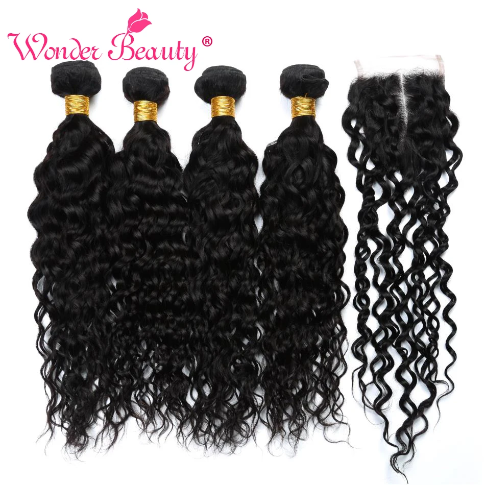 

Wonder Beauty Brazilian Hair Water Wave 4 Bundles With Closure Middle/Free/Three part 5 bundles deal non Remy hair 8-30inches