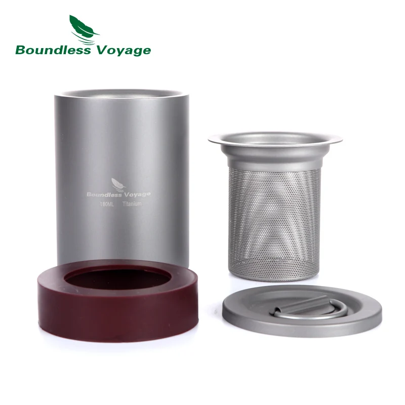 Boundless Voyage 180 ml titanio doble capa taza acampar al aire libre juego de té con filtro de té, tapa, bolso de lazo Ti1501B