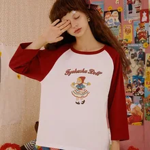 Осень, дизайн, модные женские футболки, с круглым вырезом, с длинными рукавами, хлопковые, с принтом куклы, красные, белые, с заплатками, женские футболки, топы