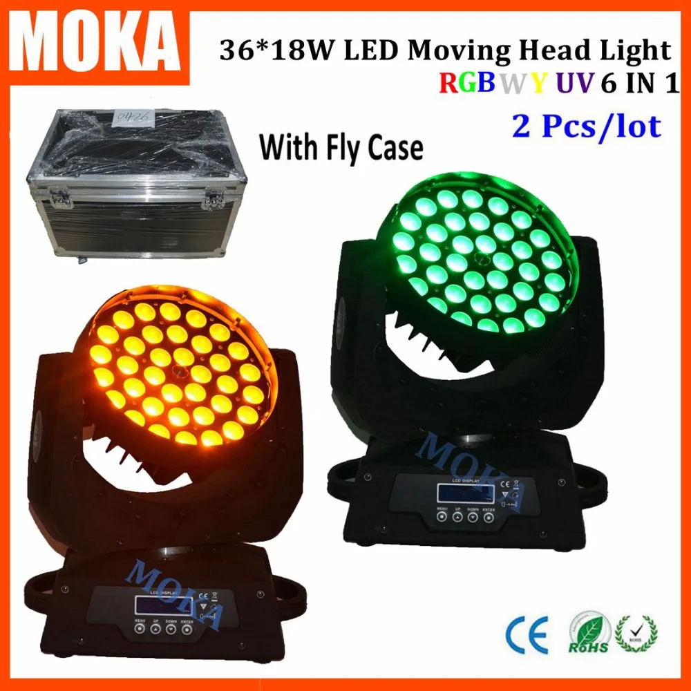

2PCS/LOT 6 IN 1 Wash Zoom RGBWY UV 18w*36 Led Sound Control Light Head Moving Effect Light Beam Angle 25 With Flight Case