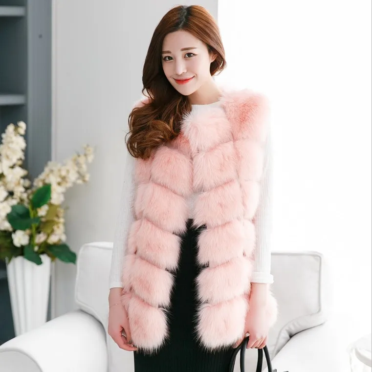 Aelorxin, Женское пальто из искусственного меха, зимняя женская меховая жилетка с карманом, высококачественное Женское пальто для отдыха, лисий мех размера плюс: S-XXXXL - Цвет: Розовый