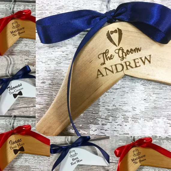 

Personalised Wedding Groom Hanger Tuxedo - Engraved Father of Bride Gift - Custom Best Man Groomsman Page Boy Suits hangers