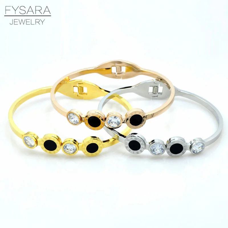 

FYSARA Luxury Classic Brand Black Lover Bangles & Bracelets Gold-Color Roman Numerals Zircon Round Crystal Bangles for Women
