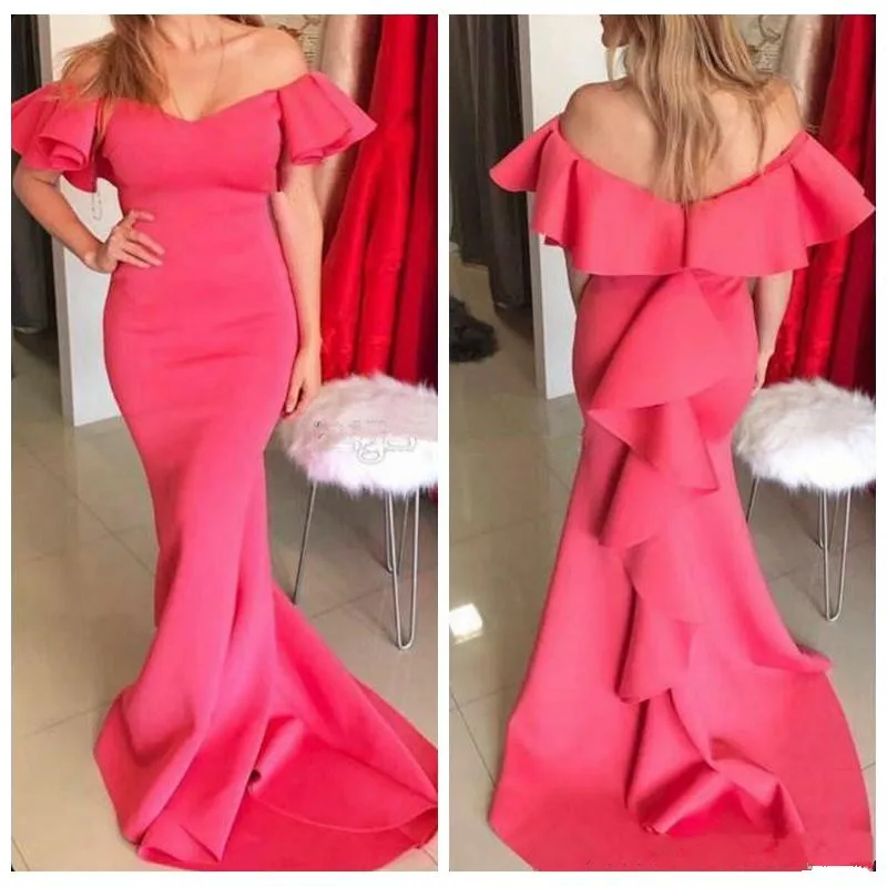 44-1     Gorgeous Red Off Shoulder Prom Dress 2019 Satin Backless Mermaid Evening Gown Saudi Arabia Ruched Sweep Train Formal Party Dress