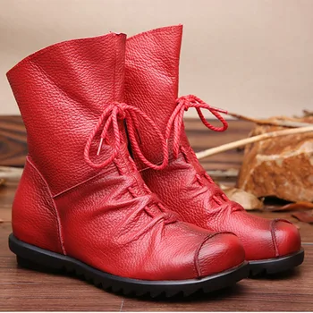 

Nice Women Shoes Female Genuine Leather Women Boots Handmade Vintage Ankle Boots Lace-Up Fashion