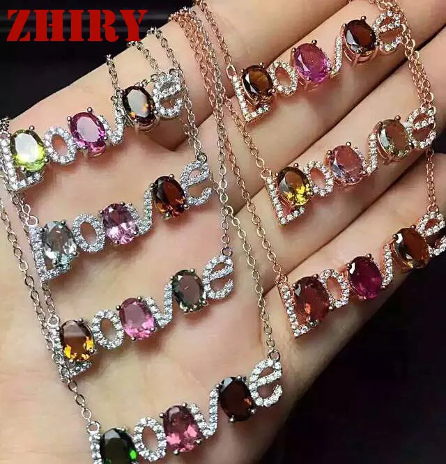 

Women Natural Tourmaline Gemstone Pendant Necklace LOVE Letter Jewelry 925 Sterling Silver