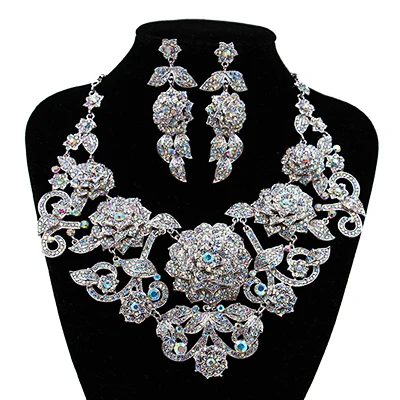 LAN дворец бутик свадебный ювелирный набор большие цветы корсаж австрийский кристалл ожерелье и серьги для свадьбы - Окраска металла: platinum  white AB