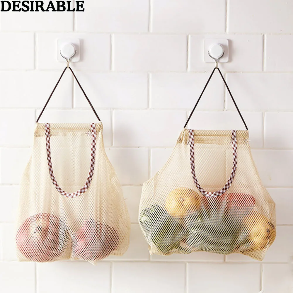

Hanging Type Mesh Storage Bag For Fruit Vegetables Bathroom Cosmetic Toys Basket Home Organizer Kitchen Accessories with handle