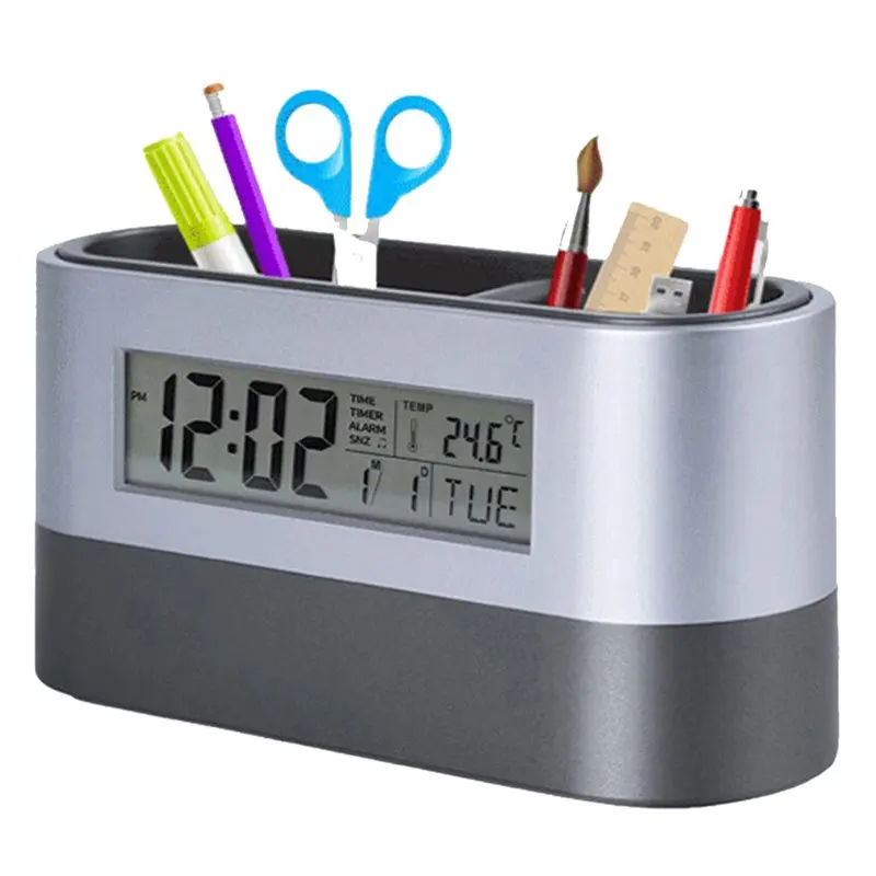 Офисный Настольный держатель для ручки инструменты именной контейнер для карт с цифровым Будильник с таймером календарем термометр