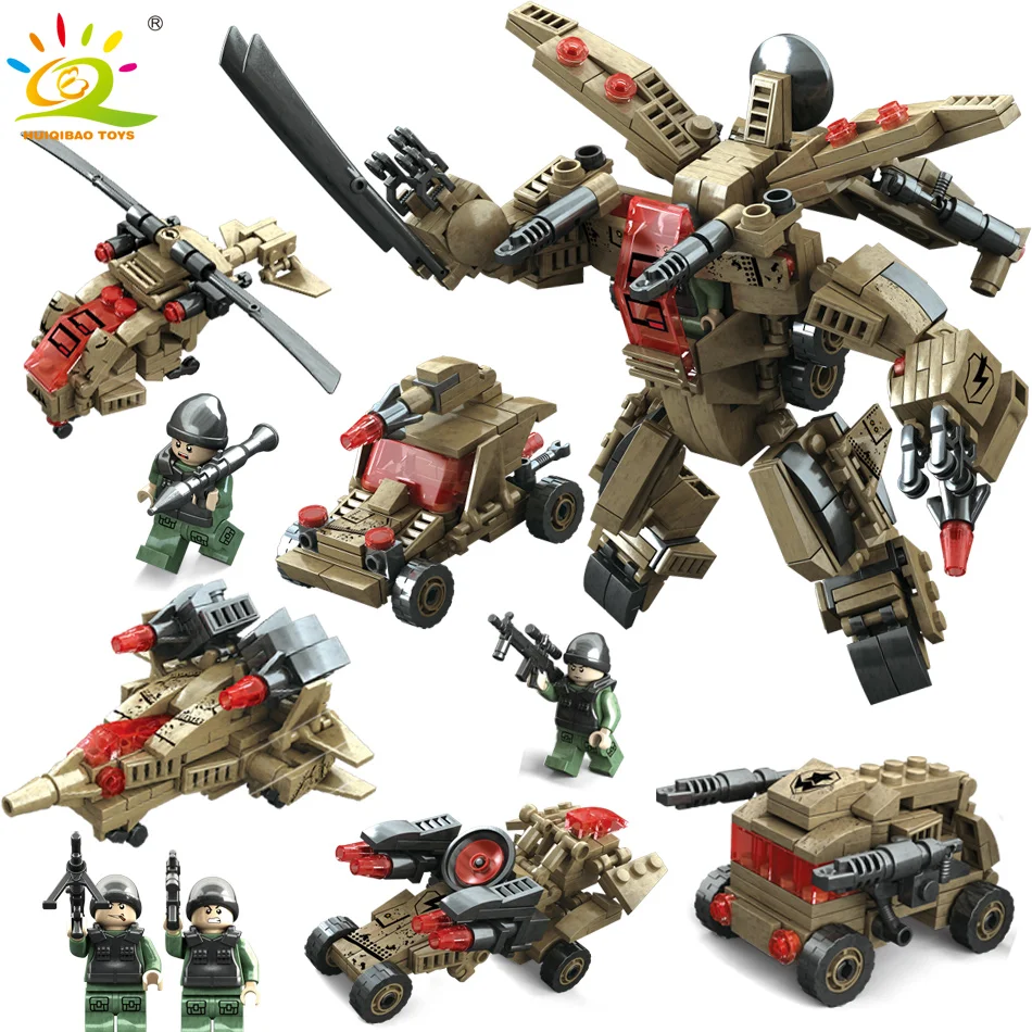 

510+PCS 4in1 Military Mecha Robot Weapon Building Blocks Set Tank Car Army Soldier Figures Helicopter Bricks Toys for Children