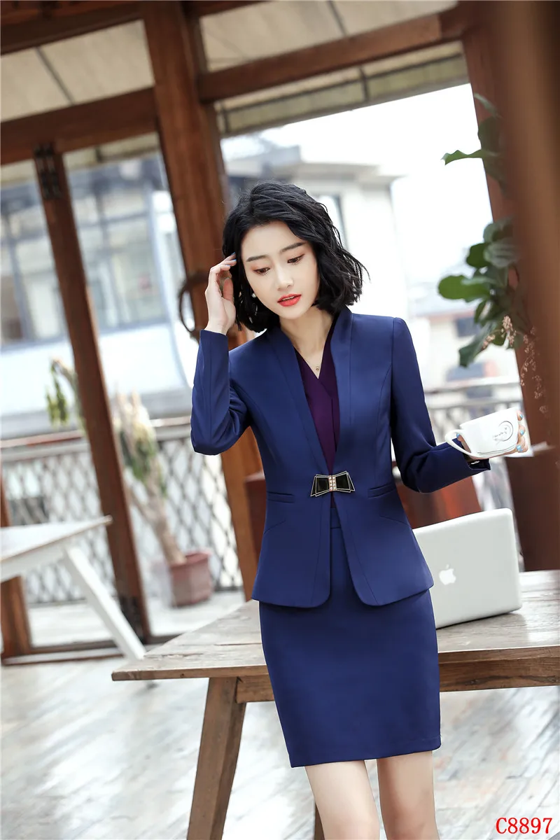 

Uniform Designs Women Business Suits With Jackets And Skirt For Ladies Professional Office Female Blazers Sets Navy Blue