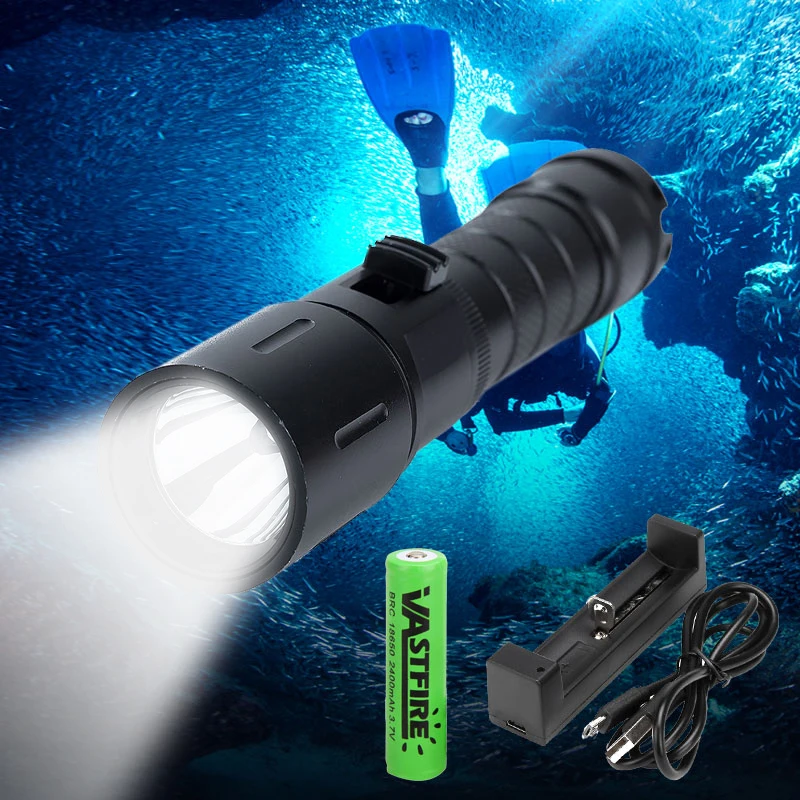 

Super Light Beam Scuba Diving Flashlight Underwarter 100m XM-L2 LED Torch Light +Charger+18650 Battery