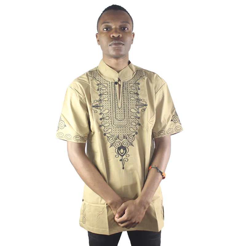 

Gold Novelty Embroidered Men`s Ethnic Tops Soft Collar Short Sleeved Moslem Shirts for Summer