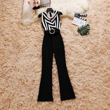 2018 summer new female striped printing suit collar Sleeveless Waist Chiffon Jumpsuit women’s wild wide leg trousers jumpsuits