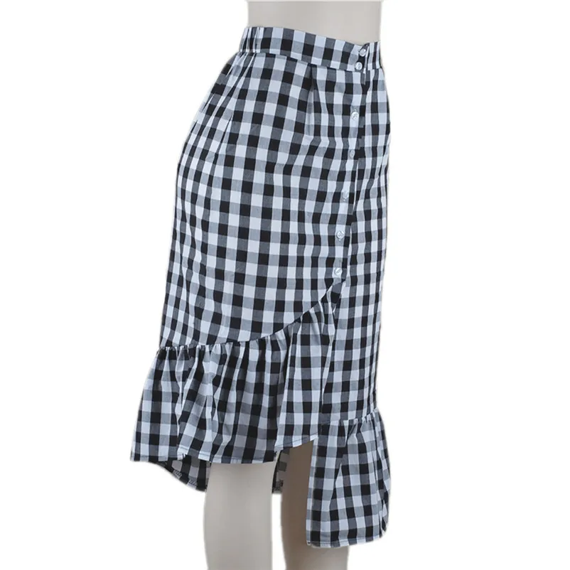 New Fashion 2018 Summer style skirts womens Plaid Casual Ruffled Button Party Slit High Waist Mid-Calf Skirt Femme Saia Y18#N (1)