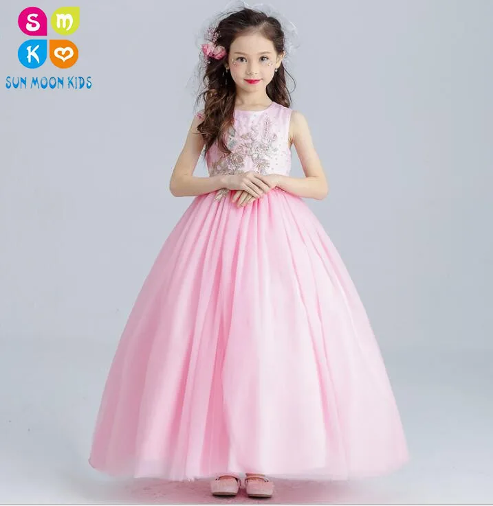 

Elegant Pink Tulle Girl Wedding Pageant Dresses Ankle Length Appliques Bead Kids Party Prom Dress First Communion Dresses