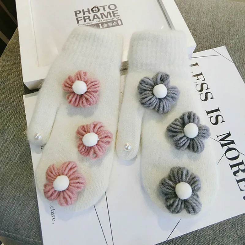 

Korean gloves wool flowers rabbit cute warm even mitten gloves autumn and winter female Accessories