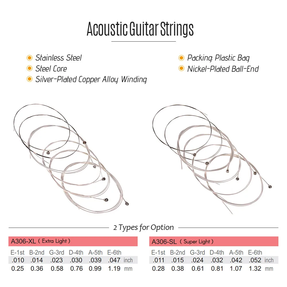 6 шт./компл. A306 акустическая гитарные струны Проволока из нержавеющей стали Сталь струны с сердечником для гитары посеребренные Медь сплава ран