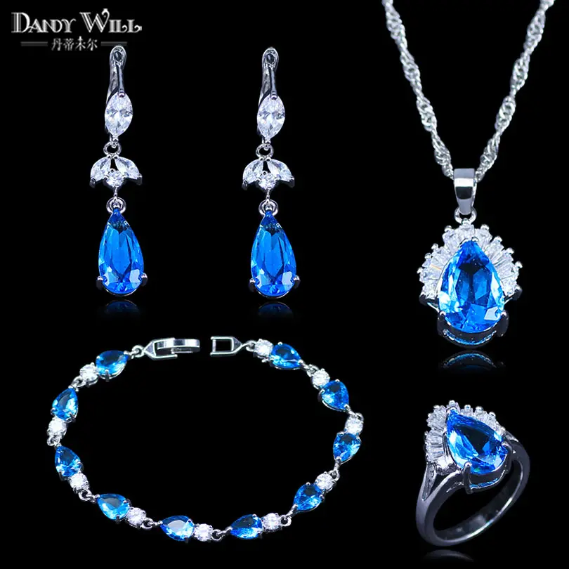 Pretty Present For Girls Graduation Sky Blue Long Water Drop silver color Jewelry Sets long earrings ring pendants rings | Украшения и