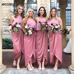 Модест Розовый Высокий Низкий рукавов Длинные оборками несоответствие невесты Dressese Выходные туфли на выпускной бал платья на заказ