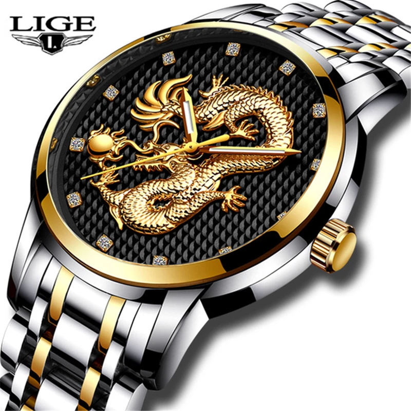 

LIGE Mens Watches Top Brand Luxury Business Quartz Watch Men Full Steel Gold Dragon Waterproof Sports Watches Relogio Masculino