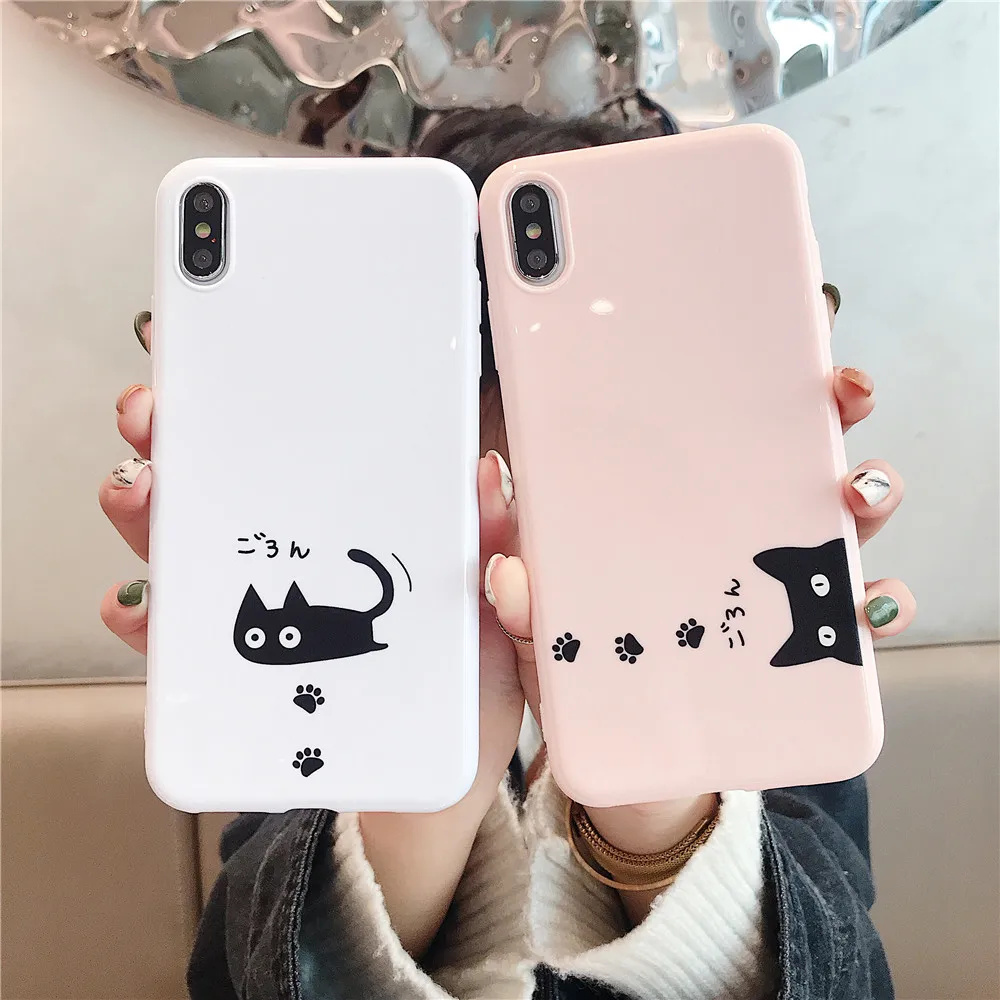 Для iPhone 7 чехол милый черный кот мультфильм для X XS MAX XR мягкий силиконовый