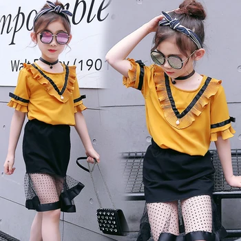 

2018 Summer Girls Clothing Sets teenage Kids Clothes Suit Chiffon blouse + lace dot skirt 3-14 years Children Clothing set