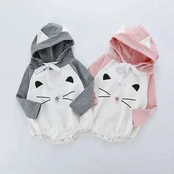 

2019 New Spring Infant baby boys girls rompers Newborn baby cartoon cat overall Toddler Girls Hooded Outerwear 100% Cotton