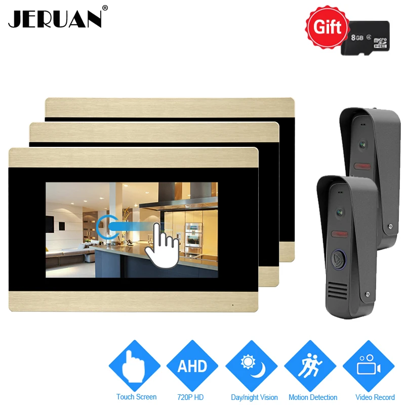 

JERUAN 720P AHD HD Motion Detection 7`` Touch Screen Video Doorbell Intercom System 3 Record Monitor +2 AHD HD Mini Camera 2V3